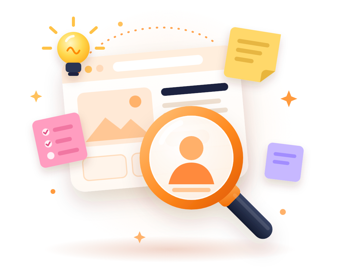 Magnifying glass over a wireframe with sticky notes and a lightbulb