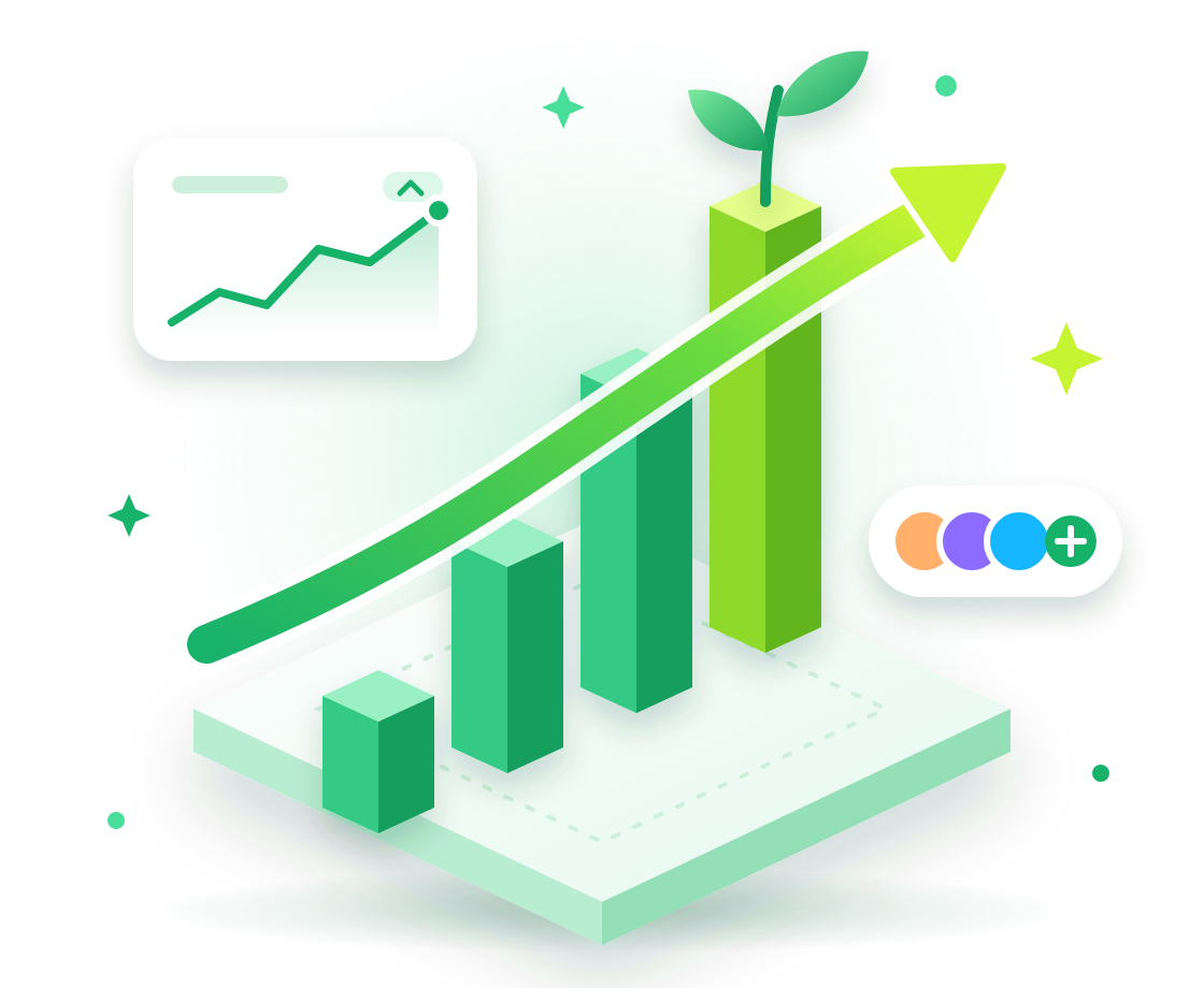 Rising bar chart with a growth arrow and a sprouting plant