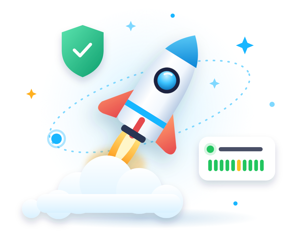Rocket lifting off with a security shield and an uptime panel